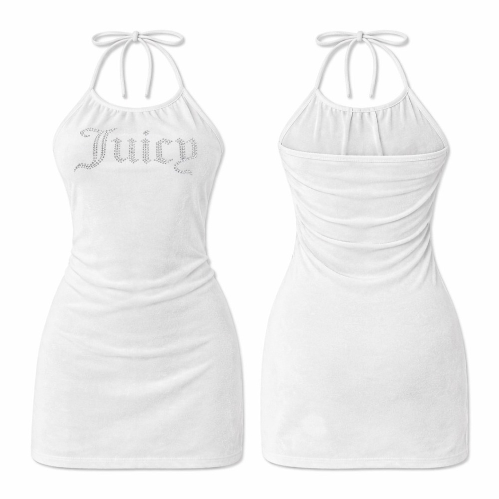 On Sale ‼️Juicy Couture White Halter Dress Rhinestone Logo Y2K Size Medium Rare✨ - Picture 2 of 5